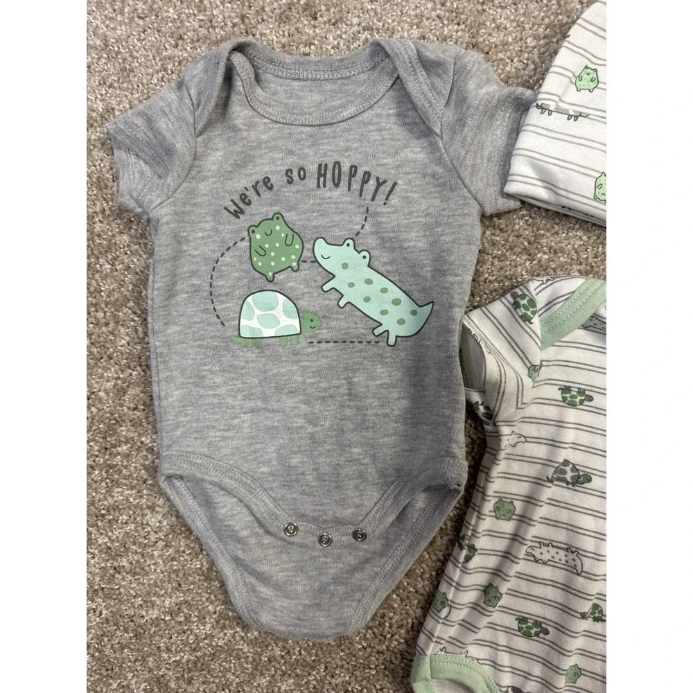 Carters Just One You Baby Boy 3pc Set Bodysuits and Hat Reptile Frog Grey White